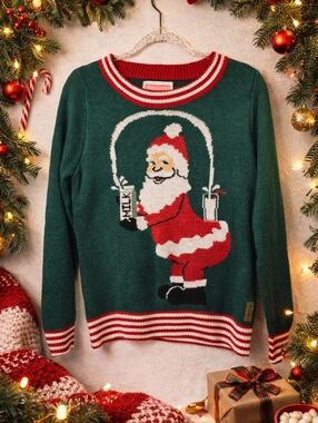 NWT Tipsy ELVES Green & Red Santa Graphic Holiday Sweater. LADIES MED